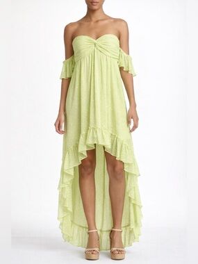 MISA Los Angeles Strapless Hi Low Dress XS Lime Green Swiss Dot Ruffle Maxi